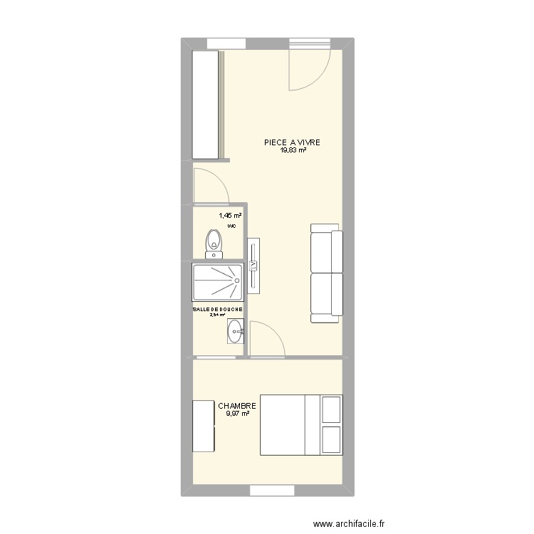 RCO. Plan de 4 pièces et 34 m2