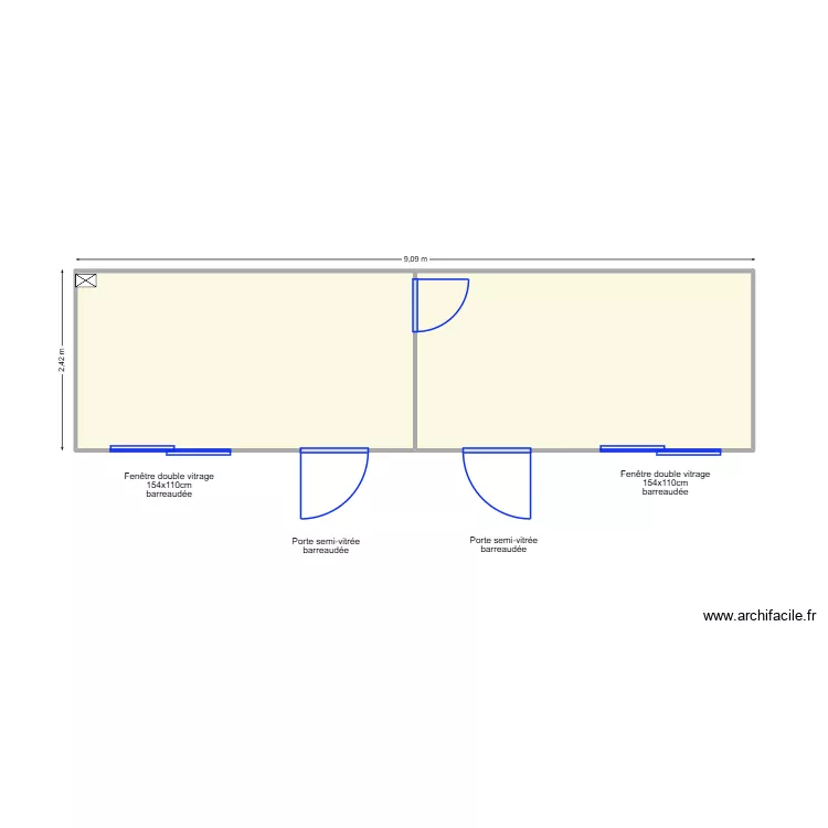 PROJET EUROBOX 9mx2.42m. Plan de 2  et 21 m²