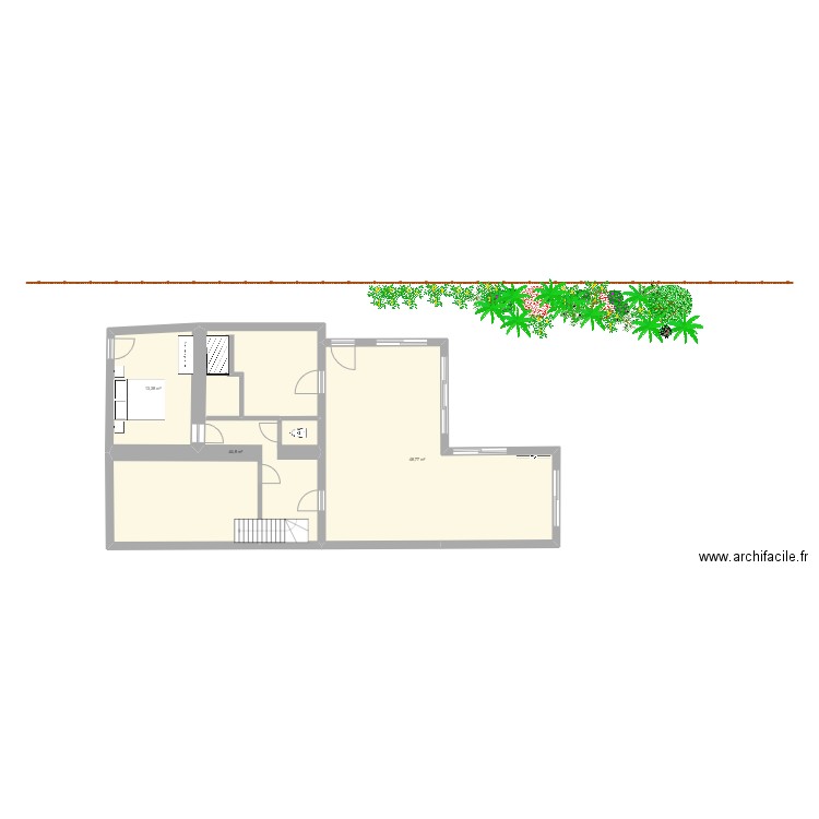RDC sans meuble. Plan de 3 pièces et 107 m2