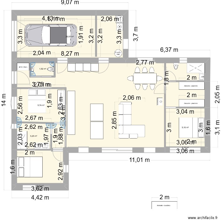 projet maison. Plan de 8 pièces et 55 m2