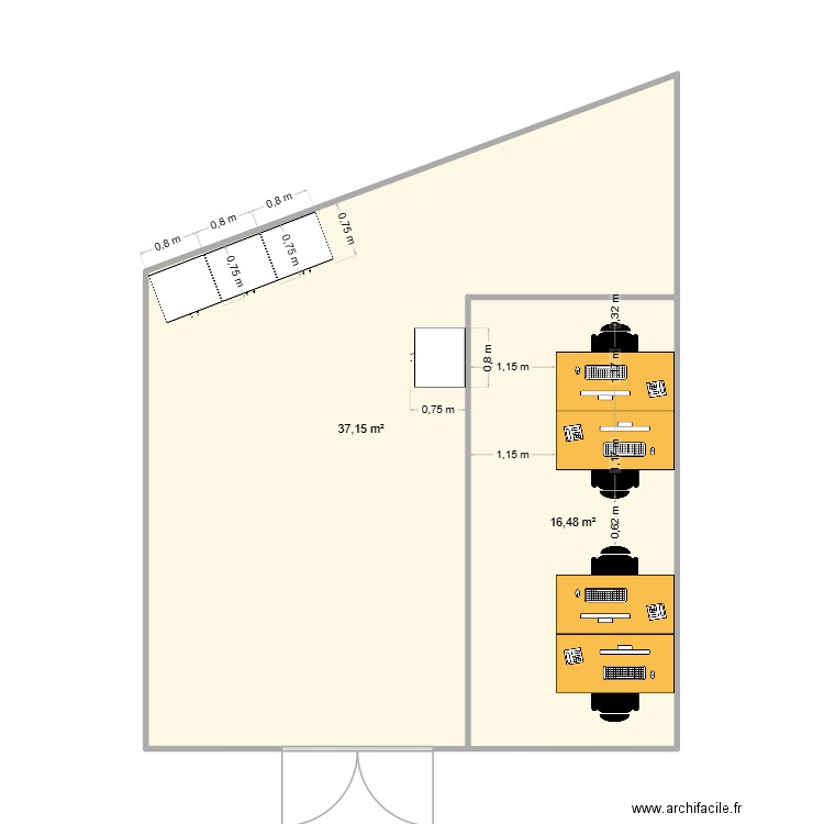 Atelier. Plan de 2 pièces et 54 m2