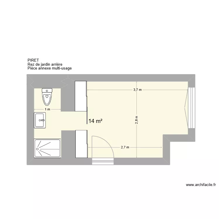 Piret buanderie. Plan de 1  et 14 m²