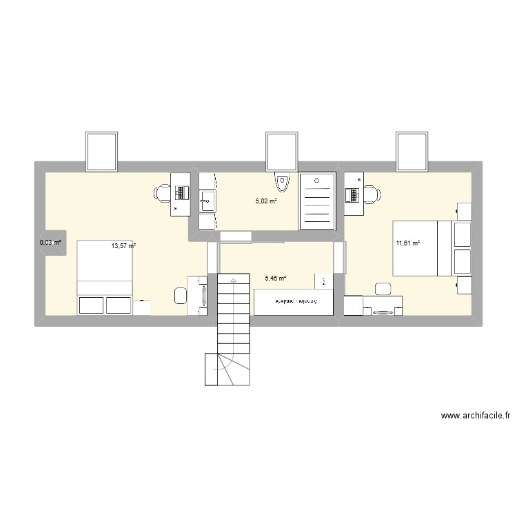 etage fille. Plan de 5 pièces et 36 m2