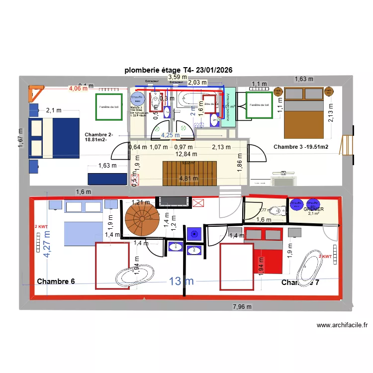 ETAGE T4 complet sans escalier grenier 28 05 2026. Plan de 8  et 22 m²