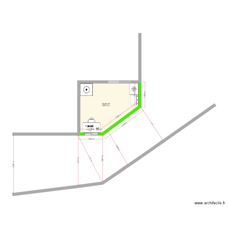 Extension Maxi Essai pour respect 3m. Plan de 1 pièce et 15 m2