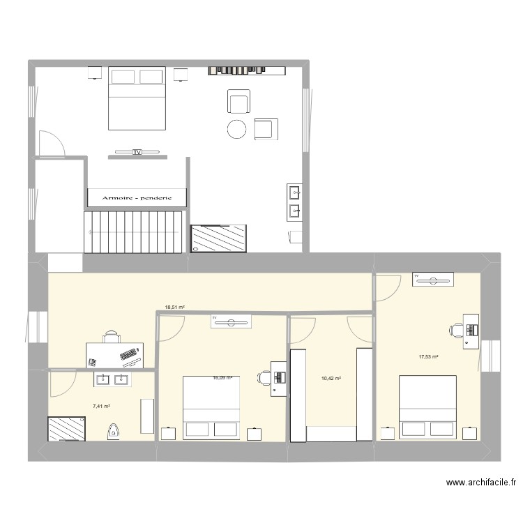 petite maison etage. Plan de 4 pièces et 70 m2