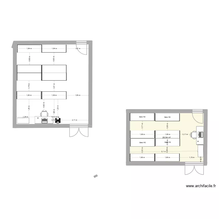 fragilisations. Plan de 1  et 21 m²