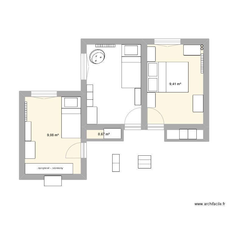 chambres. Plan de 3 pièces et 19 m2
