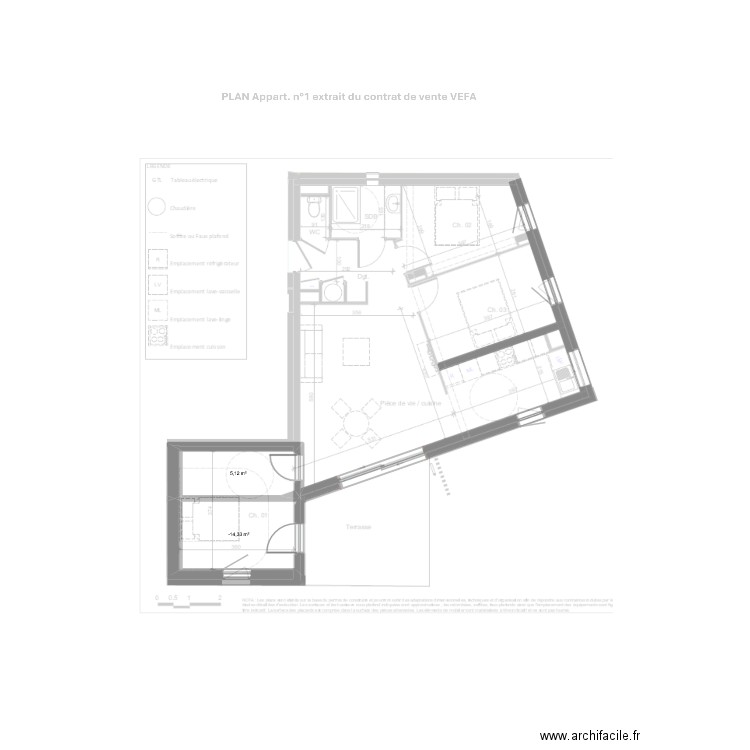 Appart n°1. Plan de 2 pièces et 13 m2