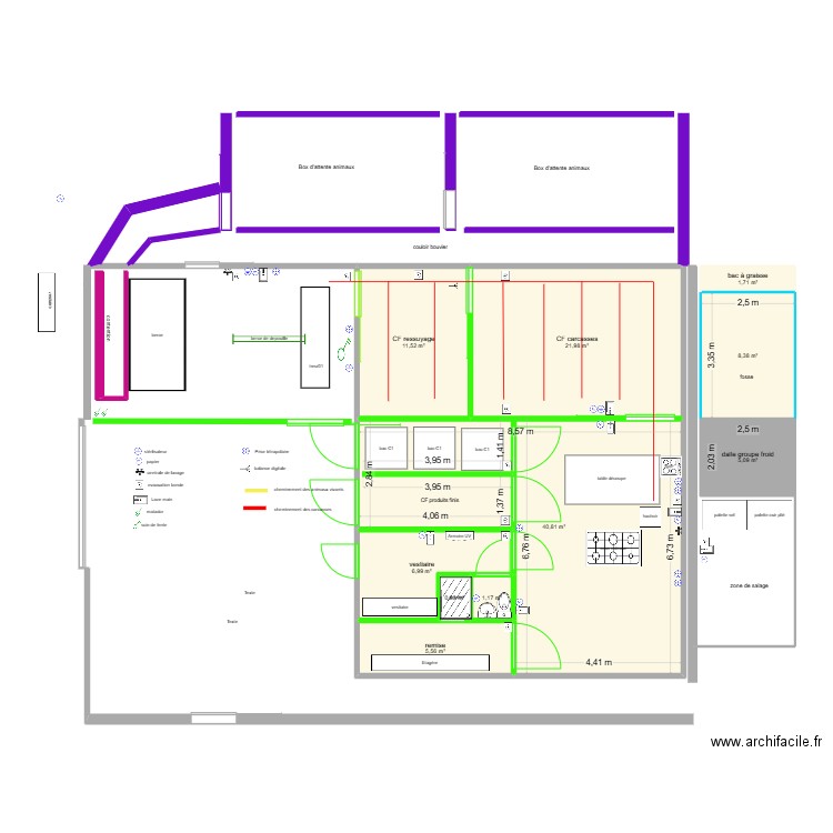 intérieur chambre froide 3 avec rail et déplacement des ax et carcasses. Plan de 10 pièces et 104 m2