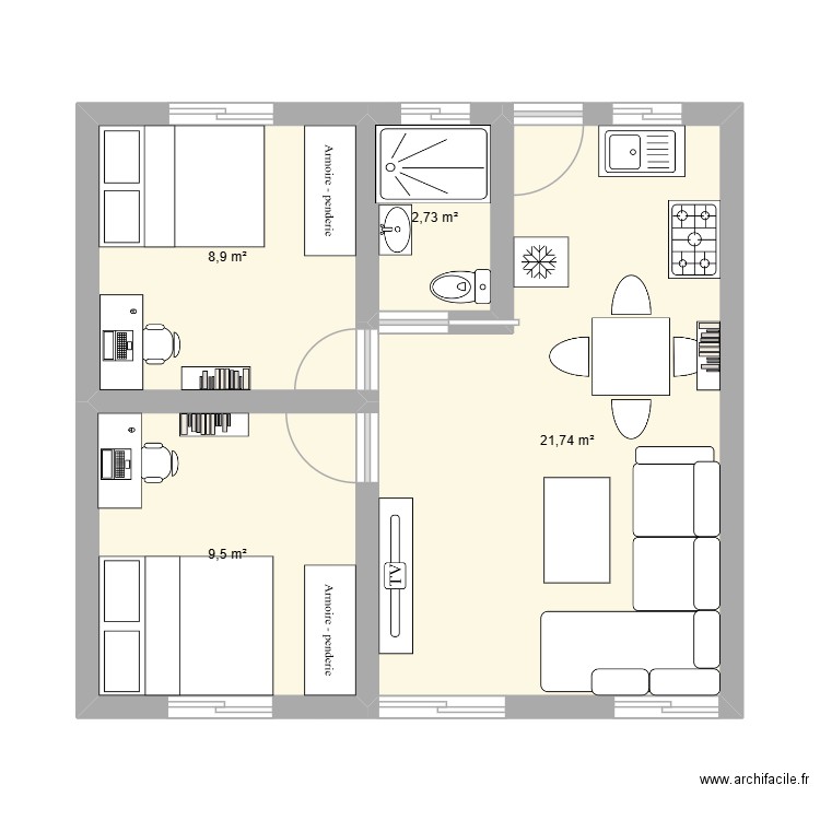 Modèle appartement. Plan de 4 pièces et 43 m2