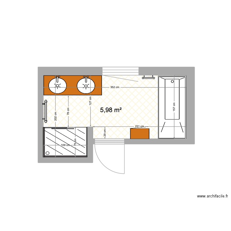 SdB Haarlem 1 bis. Plan de 1 pièce et 6 m2
