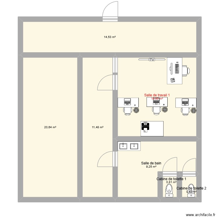 Plan de la salle de travail de la famille. Plan de 7 pièces et 74 m2