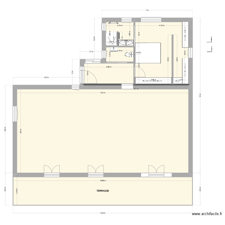 Agrandissement  - Version 40m² - avec mur intérieur - V20. Plan de 7 pièces et 149 m2