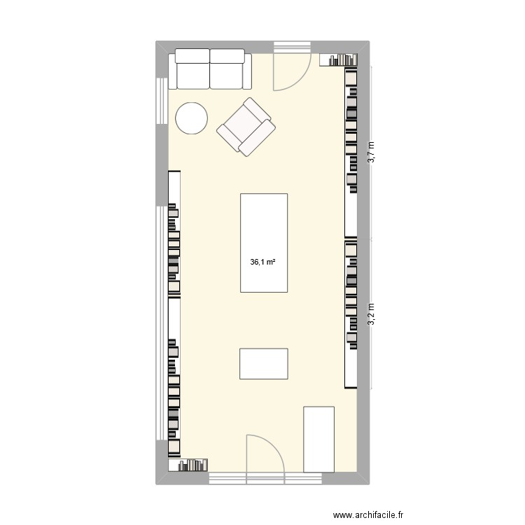librairie. Plan de 1 pièce et 36 m2