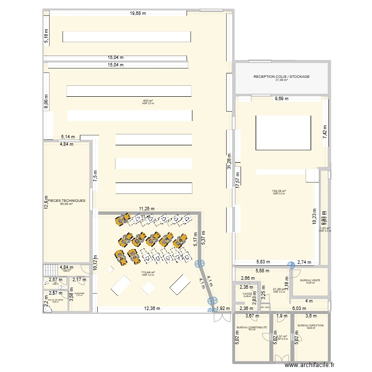 Magasin gondoles 2024. Plan de 17 pièces et 884 m2