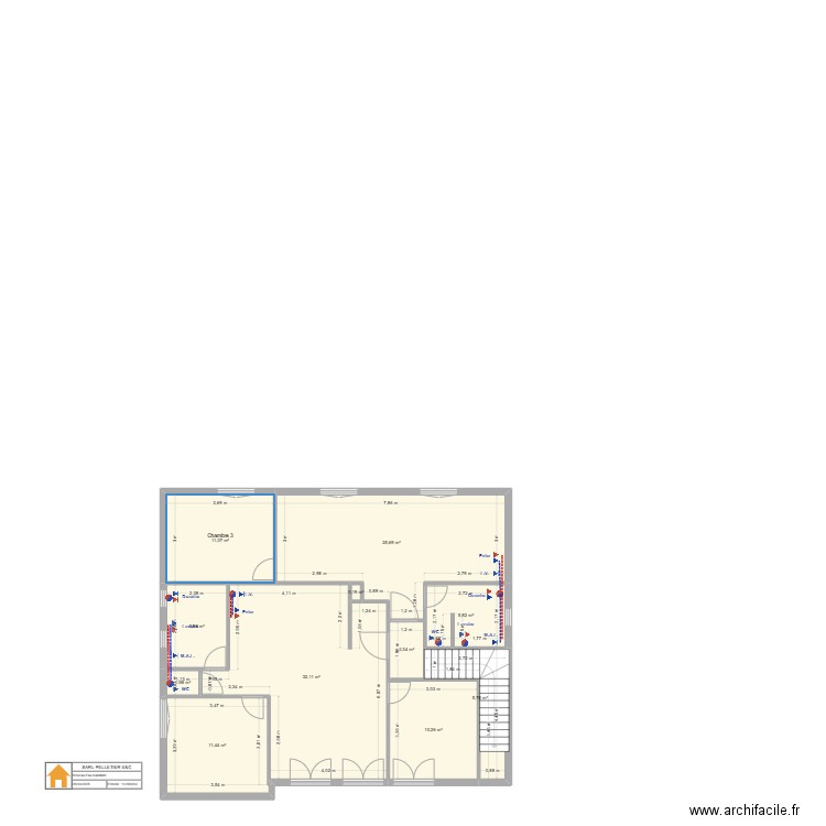 Locaux Saumur - Etage projet aménagement T2+T3 V.22 - Alim. EAU. Plan de 11 pièces et 112 m2