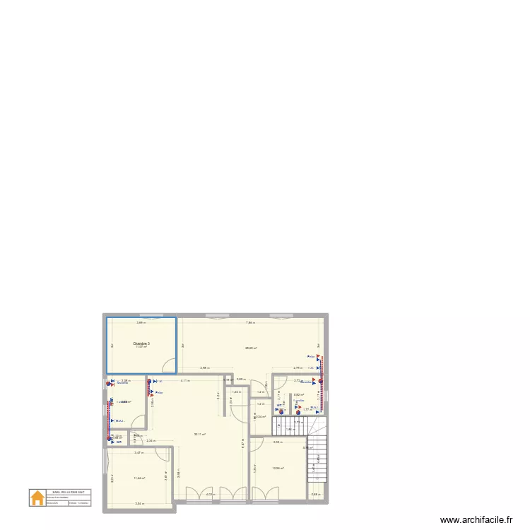 Locaux Saumur - Etage projet am&eacute;nagement T2+T3 V.22 - Alim. EAU. Plan de 
