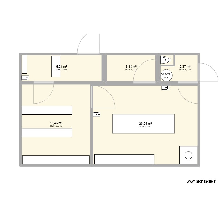 fromagerie. Plan de 5 pièces et 44 m2