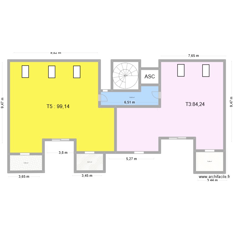 gymnase. Plan de 8 pièces et 256 m2