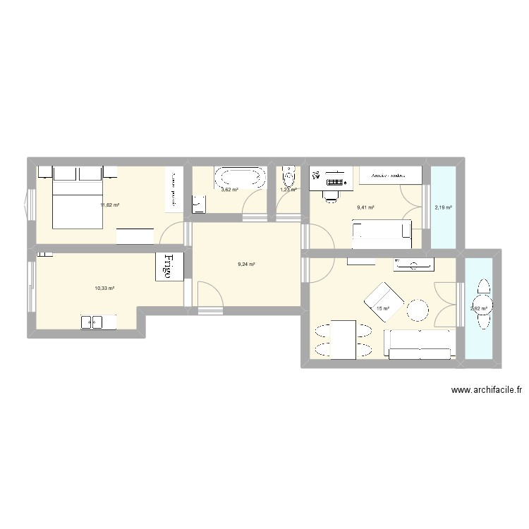 Appartement sétois. Plan de 9 pièces et 66 m2