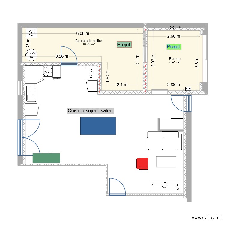 Projet Bureau et buanderie. Plan de 3 pièces et 22 m2