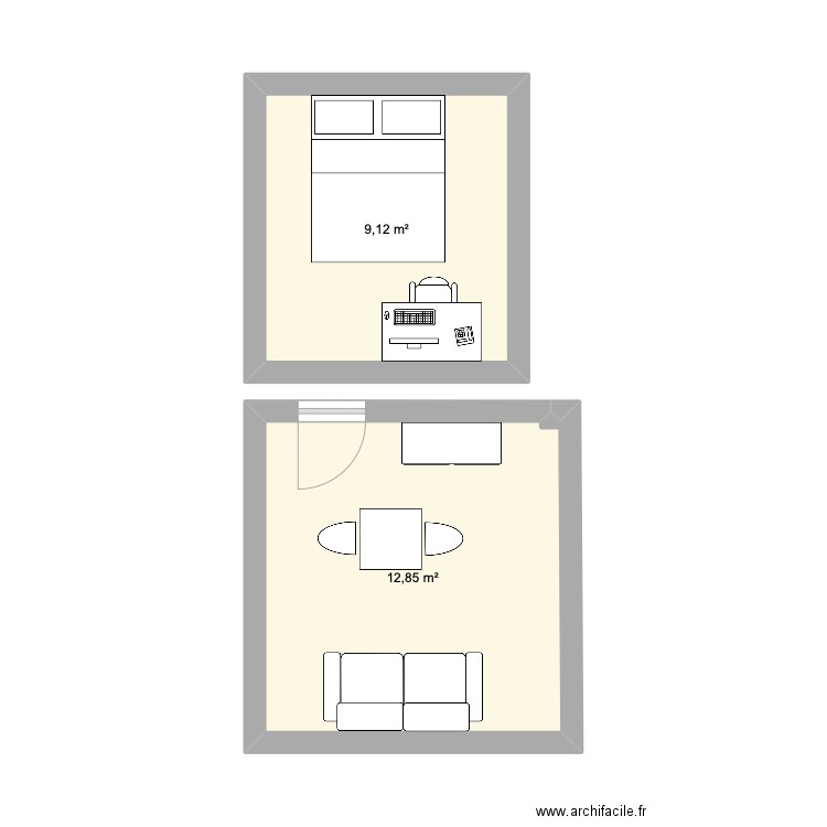chambre. Plan de 2 pièces et 22 m2