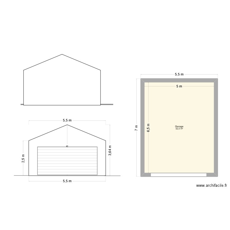 garage -sol. Plan de 2 pièces et 65 m2
