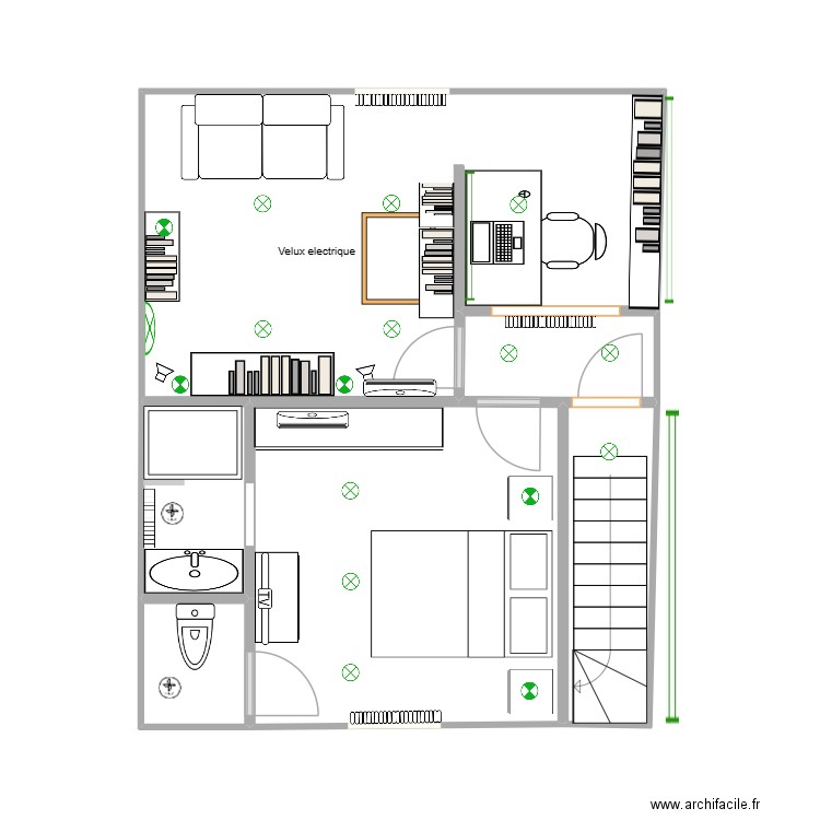 Chambre & salon variante porte. Plan de 6 pièces et 37 m2