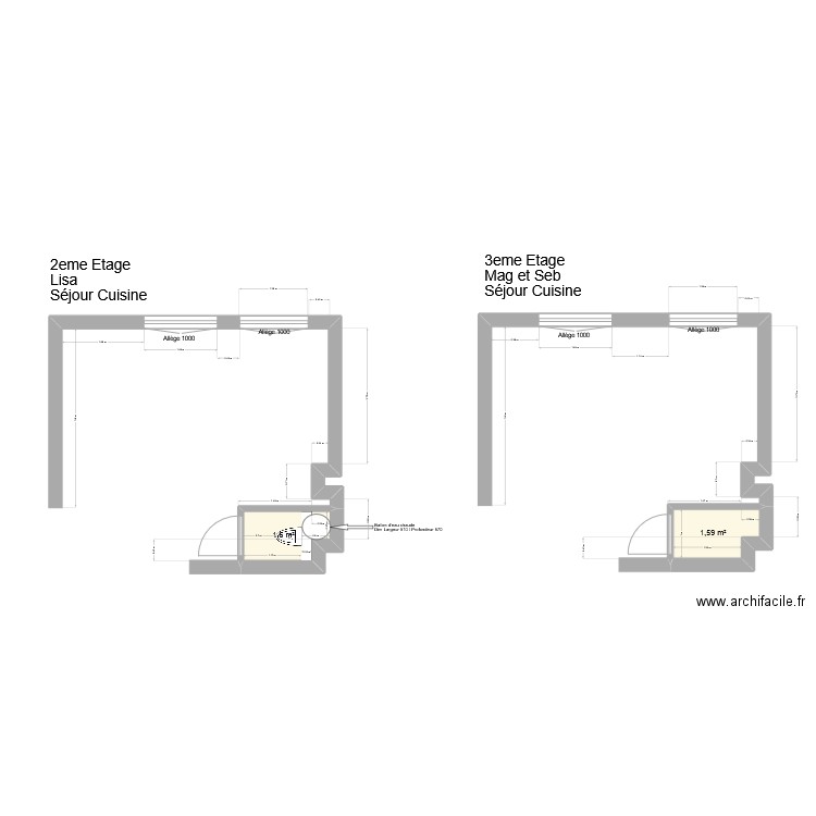 Détail cuisine. Plan de 2 pièces et 3 m2