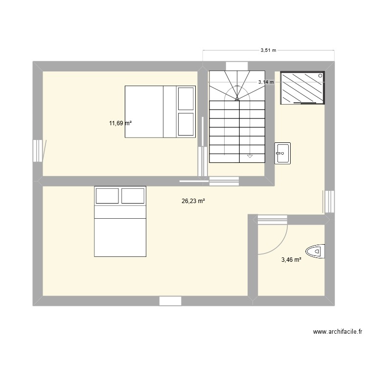 combles. Plan de 3 pièces et 41 m2
