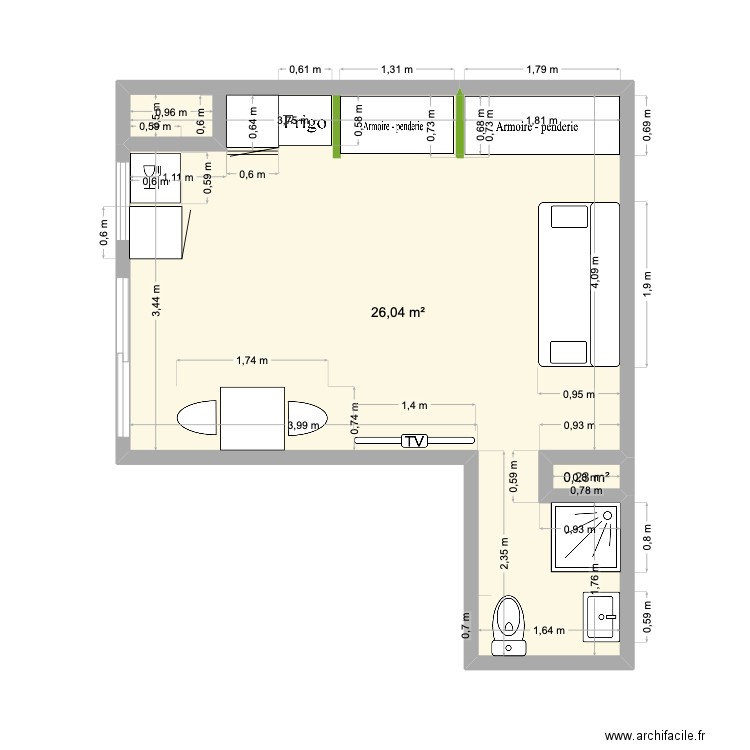BUCELLE. Plan de 2 pièces et 26 m2