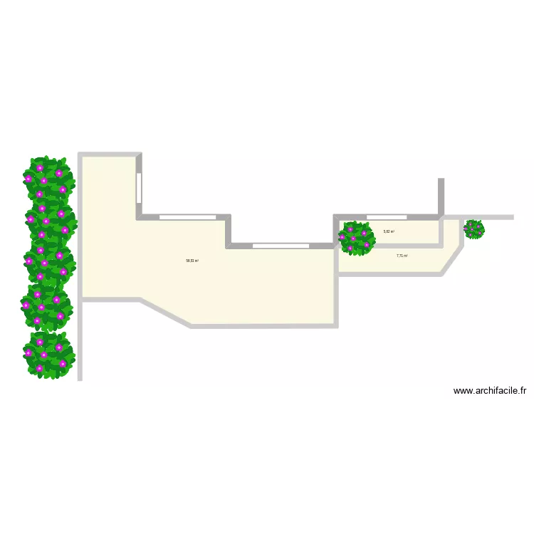 Terrasse. Plan de 3 pièces et 72 m²
