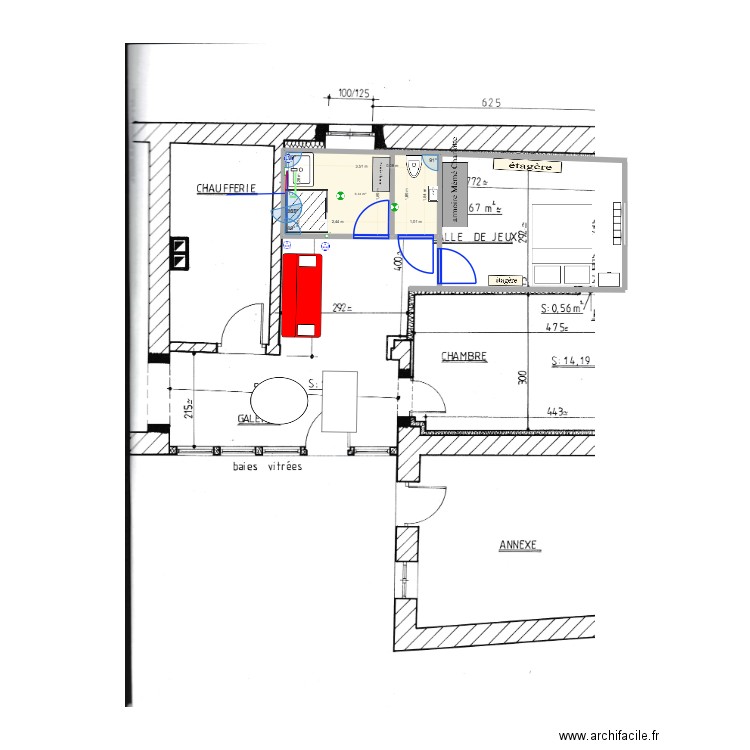 salle de bain dans salle de jeu BIS. Plan de 1 pièce et 6 m2