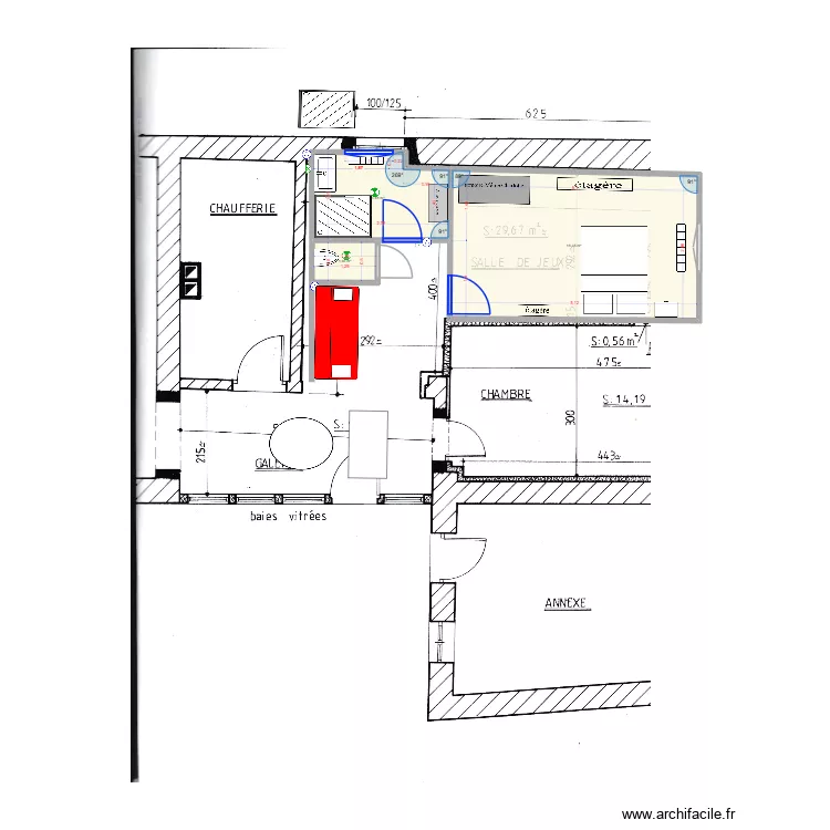 salle de bain dans salle de jeu def. Plan de 3  et 21 m²