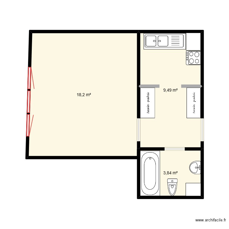 Appart. Plan de 3 pièces et 32 m2