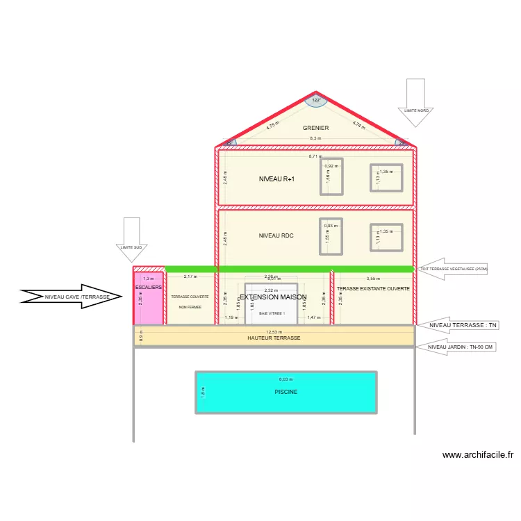 COUPE TRANSVERSALLE 38 MT DES SOLDATS. Plan de 12  et 86 m²