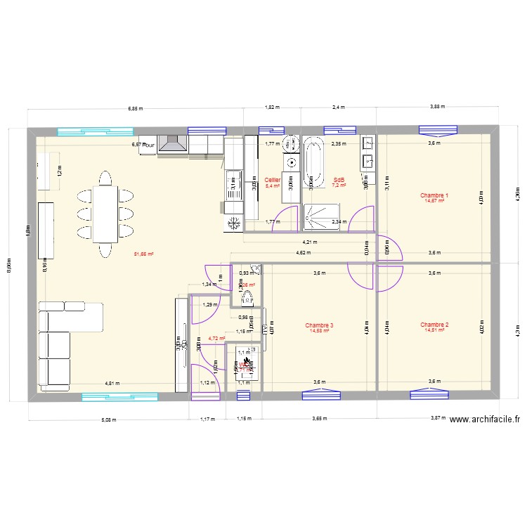 Maison 3 chambres 2. Plan de 9 pièces et 116 m2