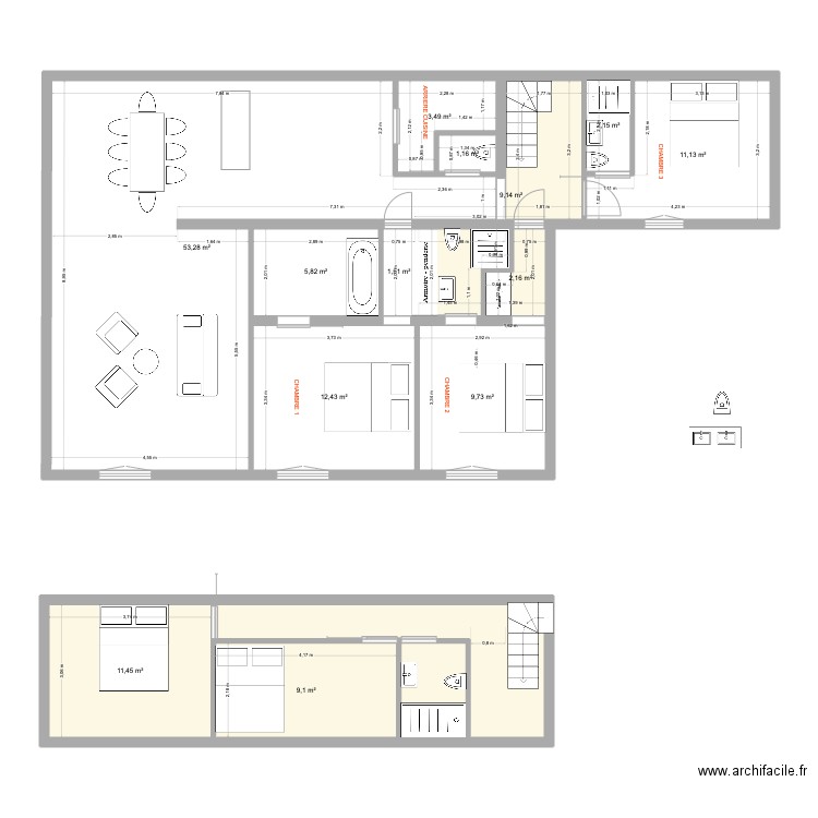 projet sdb. Plan de 14 pièces et 146 m2
