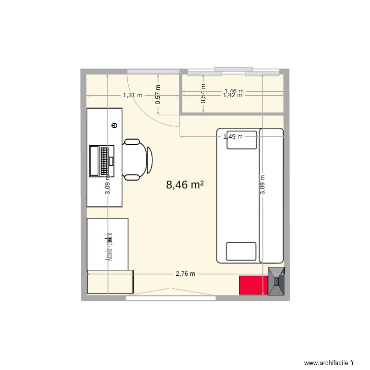 Bureau TT. Plan de 1 pièce et 8 m2