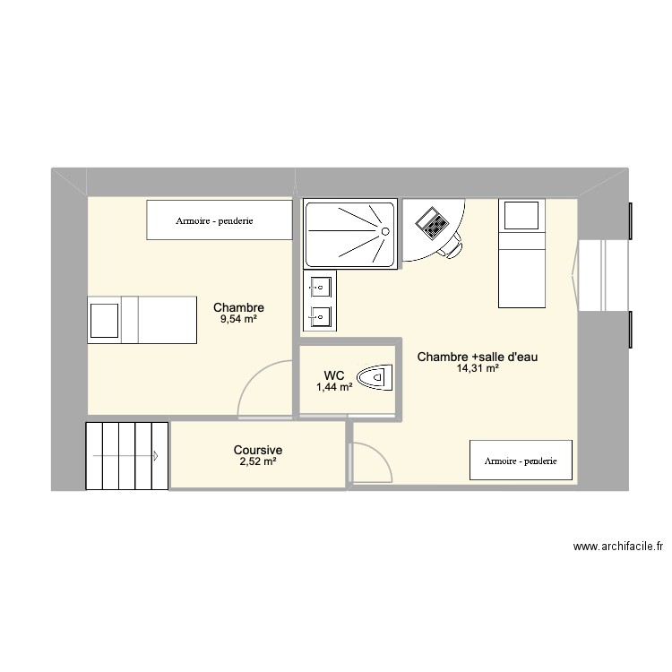 R+2. Plan de 4 pièces et 28 m2