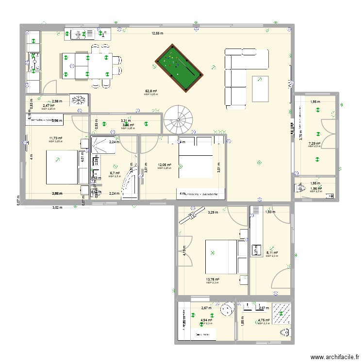 electricité. Plan de 12 pièces et 179 m2