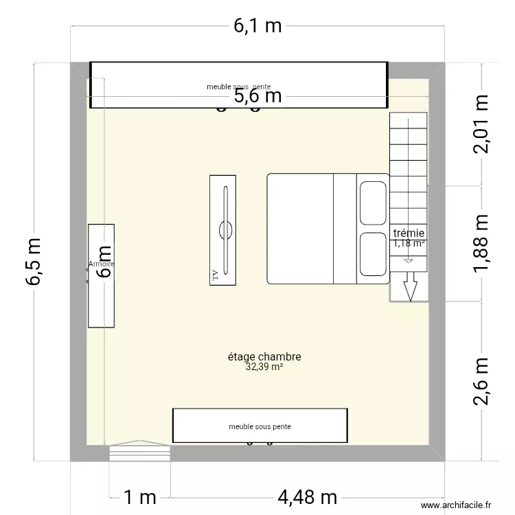 &eacute;tage chambre nu. Plan de 2 Pièces et 35 m²