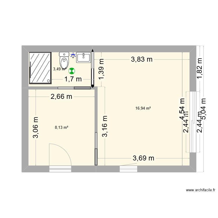 PROJET T2 V3 CLOISONS. Plan de 3 pièces et 29 m2