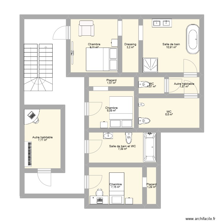 2eme etage. Plan de 12 pièces et 65 m2