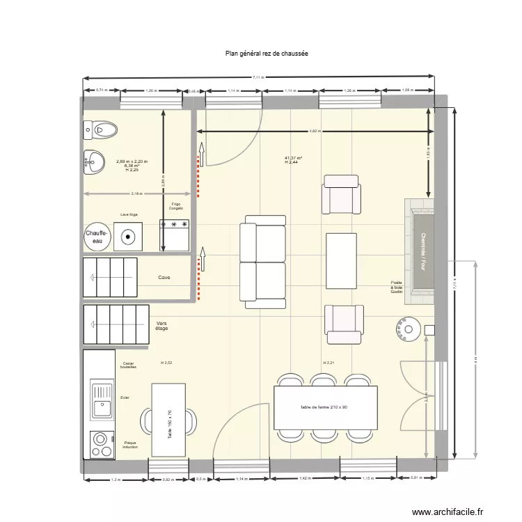 General rez de chauss&eacute;e. Plan de 1 pièce et 50 m²