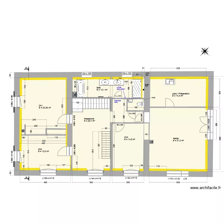 Etage_apr&egrave;s travaux_V3. Plan de 1  et 160 m²