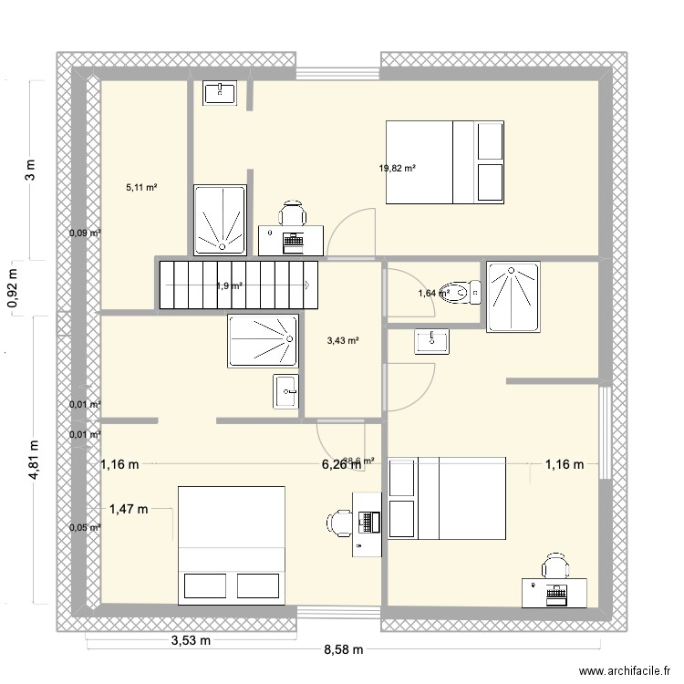 2e étage à trois colocs 2. Plan de 10 pièces et 71 m2