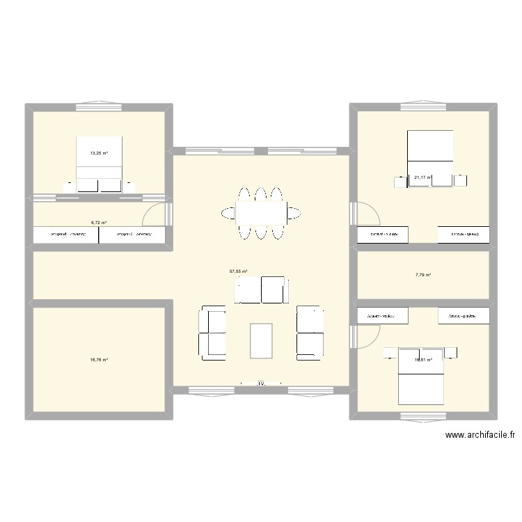 Plain-pied. Plan de 7 pièces et 140 m2
