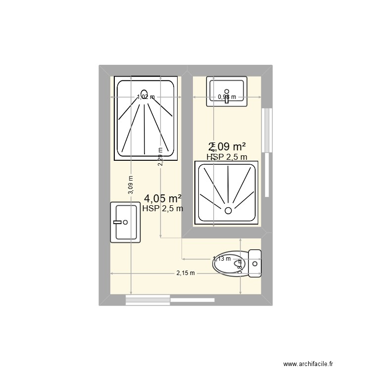 SDB. Plan de 2 pièces et 6 m2